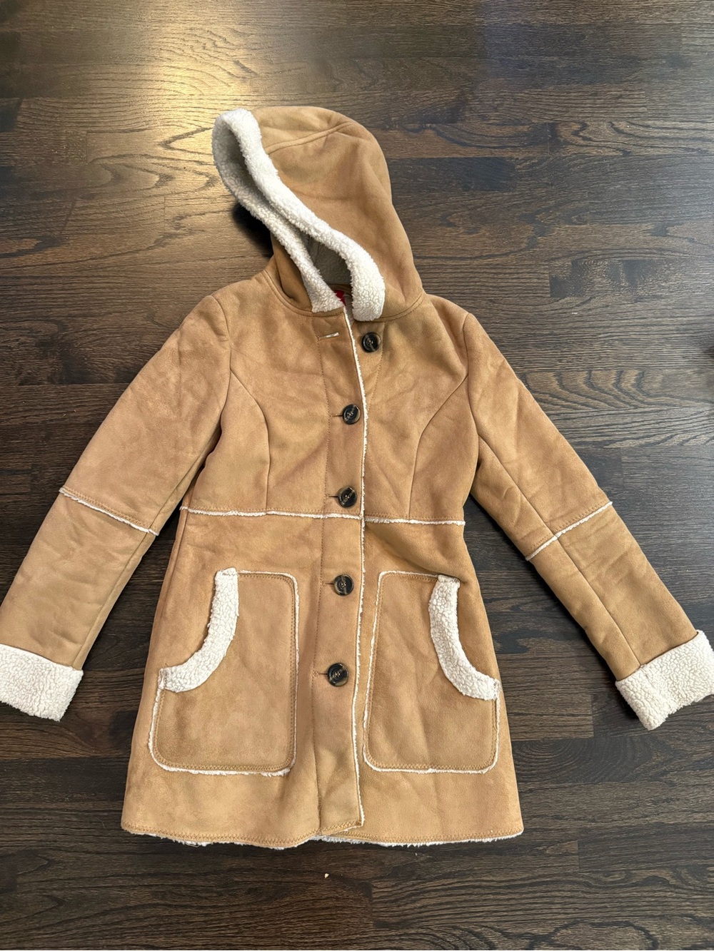 H & M Women's Hooded Shearling Trim Coat - Tan Size 6